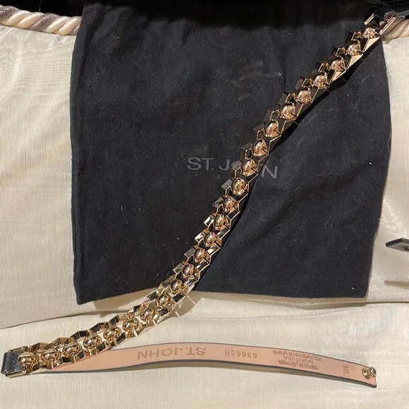 St. John chain and black leather belt St. John Gold Chain Closure Brass Black Leather Belt... | Depop main image 3